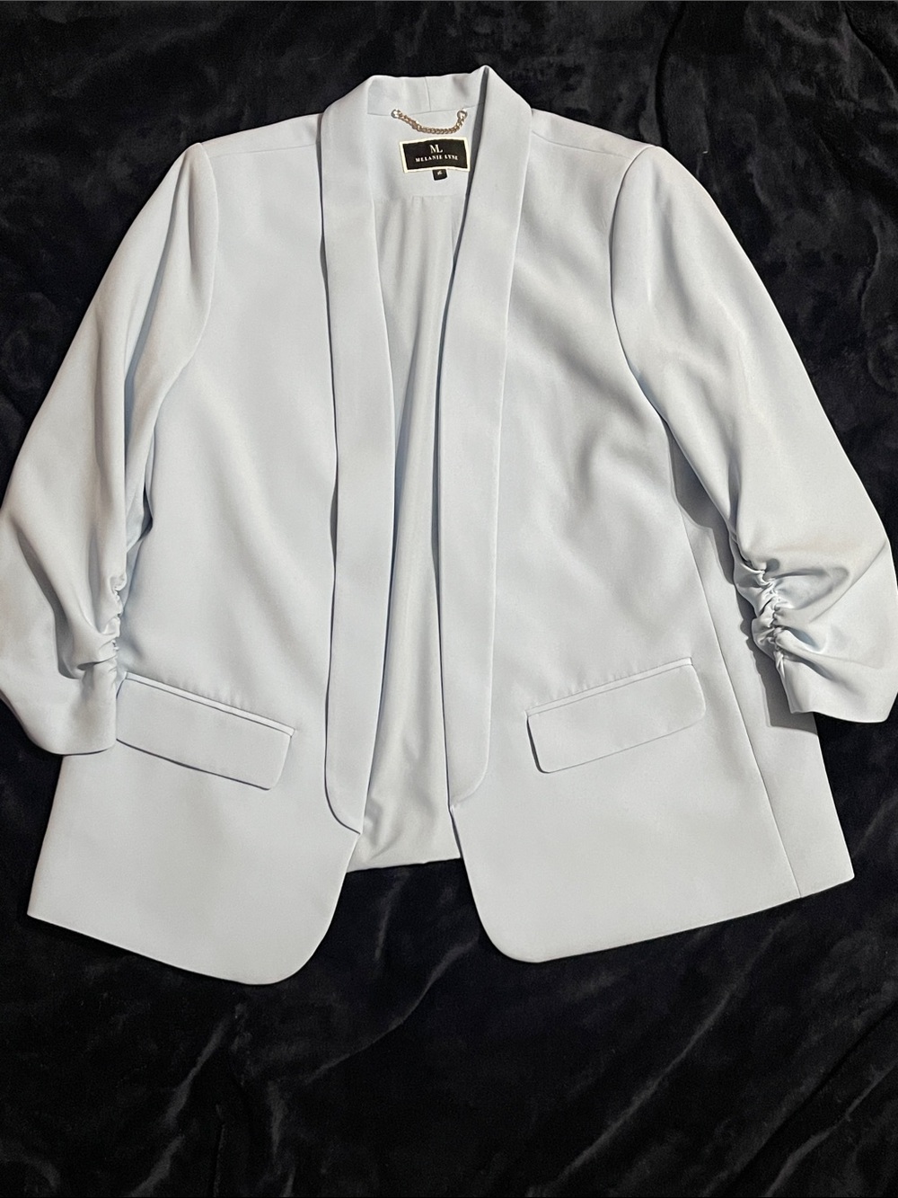 Melanie Lyne Light Blue Open-Front Blazer with Ruched Sleeves